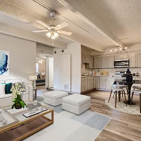 Open concept kitchen and living room at Julian Square Apartments