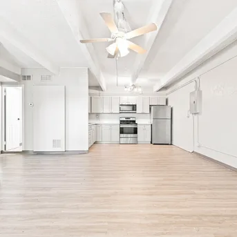Julian Square Apartments living room looking toward the kitchen
